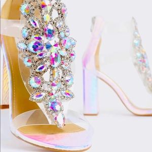 JEWEL EMBELLISHED HOLOGRAPHIC SNAKE PRINT HEEL